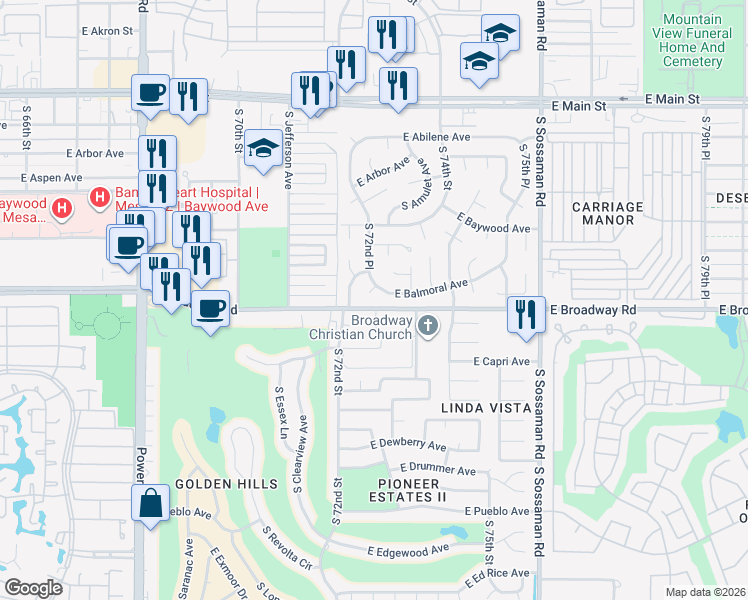 map of restaurants, bars, coffee shops, grocery stores, and more near 7255 East Broadway Road in Mesa