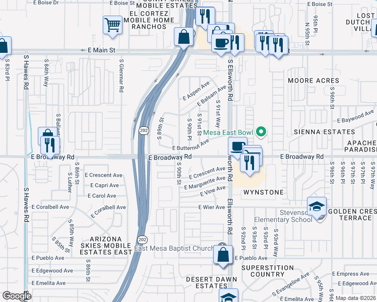 map of restaurants, bars, coffee shops, grocery stores, and more near 9025 East Butternut Avenue in Mesa