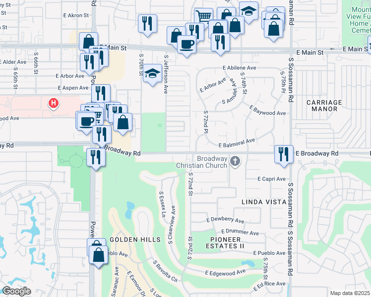 map of restaurants, bars, coffee shops, grocery stores, and more near 7154 E Broadway Rd in Mesa