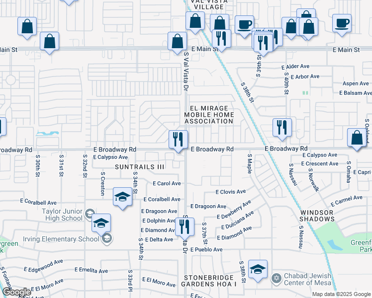 map of restaurants, bars, coffee shops, grocery stores, and more near E Broadway Rd & S Val Vista Dr in Mesa