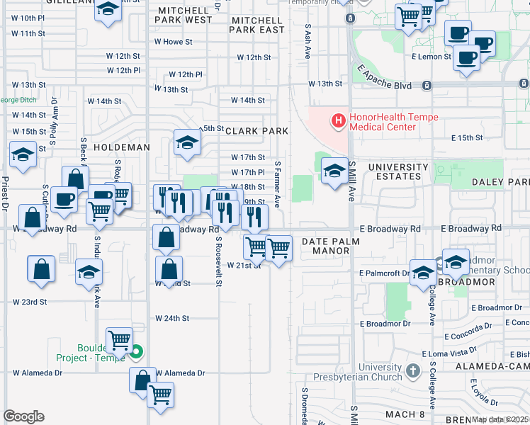 map of restaurants, bars, coffee shops, grocery stores, and more near 424 West Broadway Road in Tempe