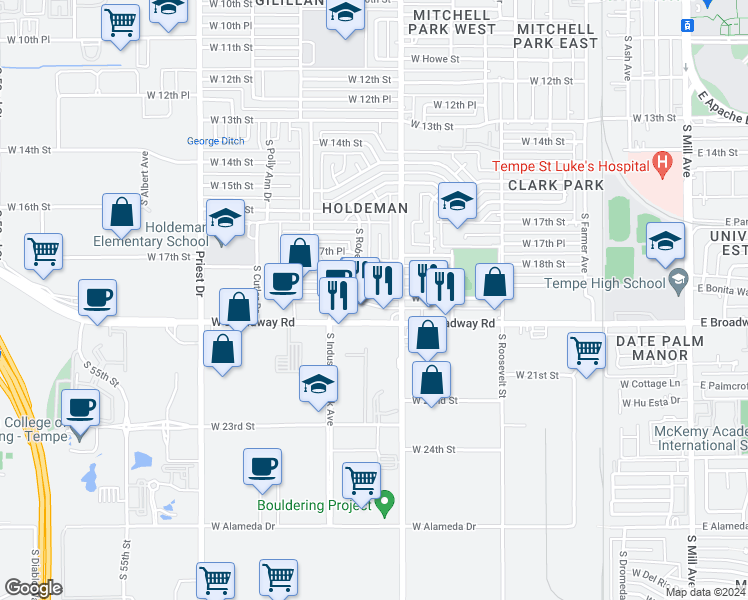 map of restaurants, bars, coffee shops, grocery stores, and more near 921 West 19th Street in Tempe