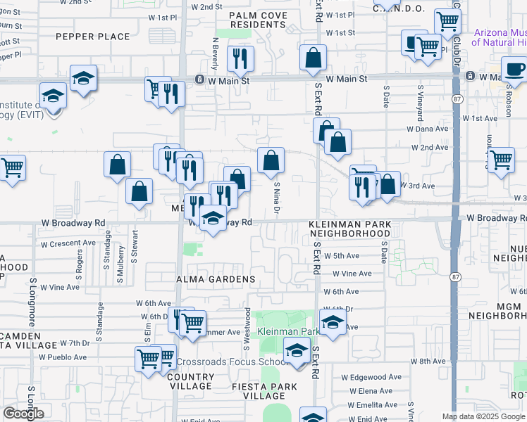 map of restaurants, bars, coffee shops, grocery stores, and more near 936 West Broadway Road in Mesa