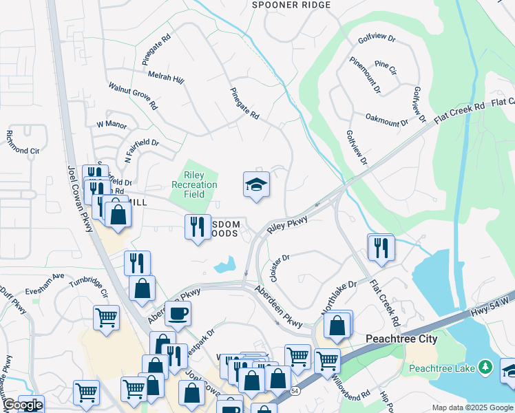 map of restaurants, bars, coffee shops, grocery stores, and more near 201 Wisdom Road in Peachtree City