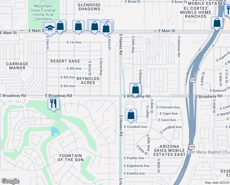 map of restaurants, bars, coffee shops, grocery stores, and more near 8310 East Broadway Road in Mesa