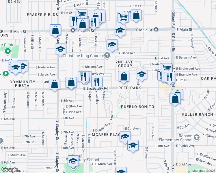 map of restaurants, bars, coffee shops, grocery stores, and more near 1534 East Broadway Road in Mesa