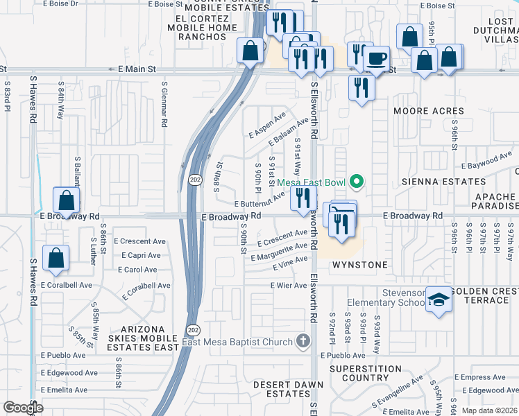 map of restaurants, bars, coffee shops, grocery stores, and more near 9025 East Butternut Avenue in Mesa