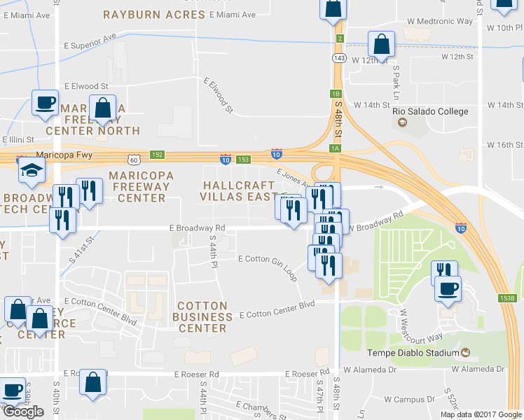 map of restaurants, bars, coffee shops, grocery stores, and more near 4526 East Pueblo Avenue in Phoenix