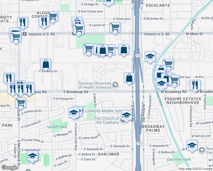 map of restaurants, bars, coffee shops, grocery stores, and more near 2134 East Broadway Road in Tempe