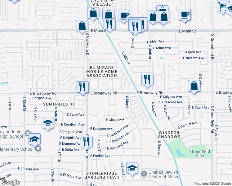 map of restaurants, bars, coffee shops, grocery stores, and more near E Broadway Rd & S Val Vista Villas in Mesa