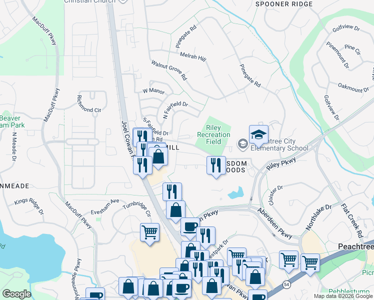 map of restaurants, bars, coffee shops, grocery stores, and more near 104 Chase Court in Peachtree City