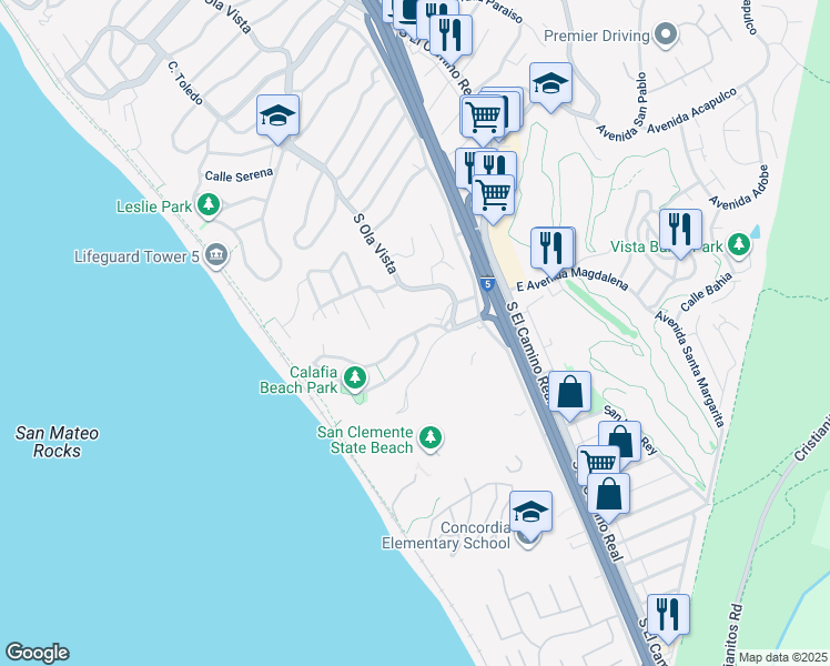 map of restaurants, bars, coffee shops, grocery stores, and more near 208 Avenida Calafia in San Clemente