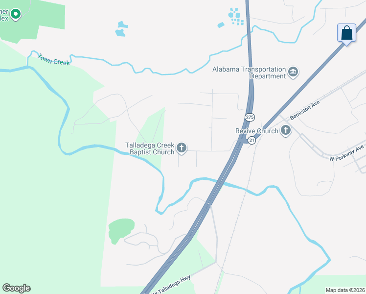 map of restaurants, bars, coffee shops, grocery stores, and more near 215 Maine Street in Talladega