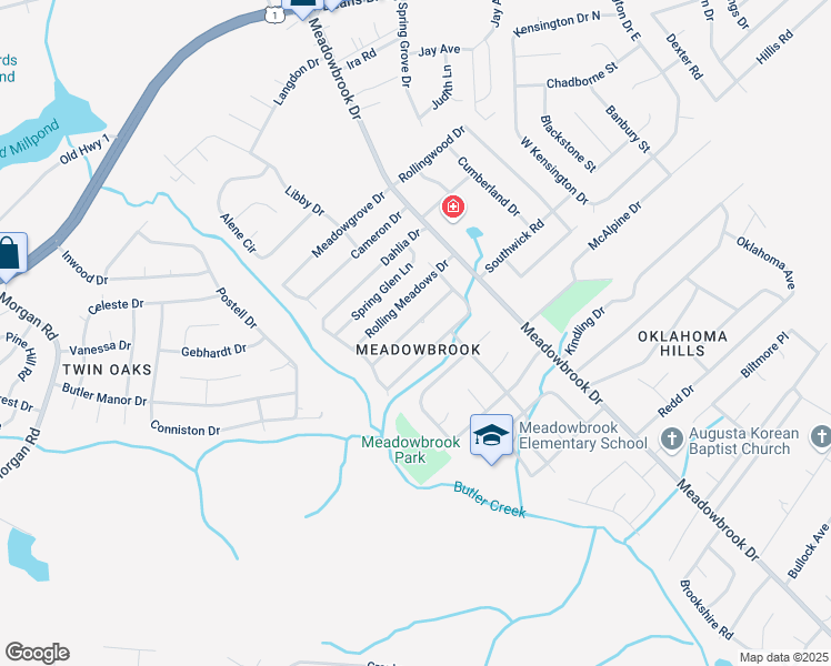map of restaurants, bars, coffee shops, grocery stores, and more near 3618 Columbine Drive in Augusta