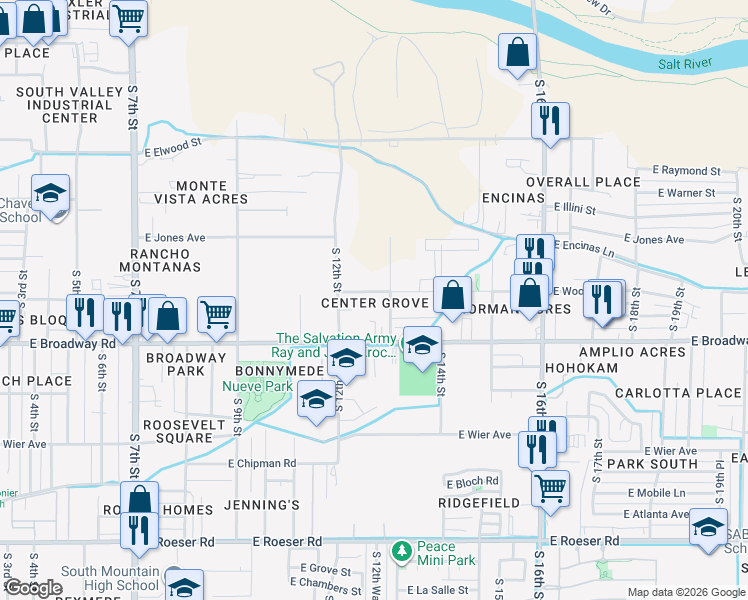 map of restaurants, bars, coffee shops, grocery stores, and more near 1235 East Wood Street in Phoenix
