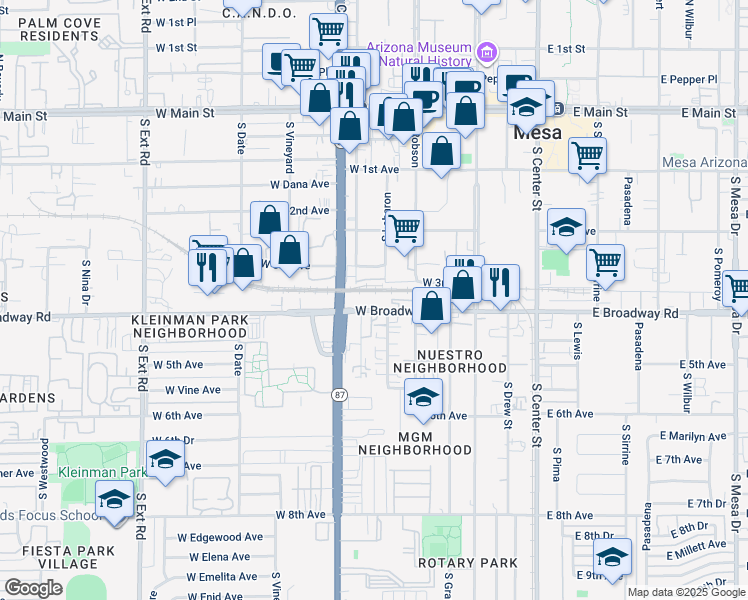 map of restaurants, bars, coffee shops, grocery stores, and more near 254 West Broadway Road in Mesa