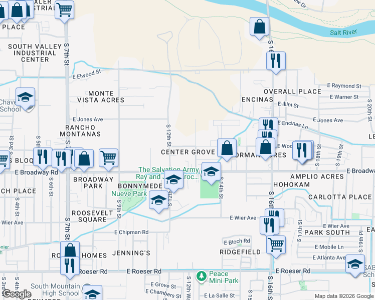 map of restaurants, bars, coffee shops, grocery stores, and more near 1235 East Wood Street in Phoenix