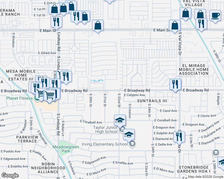 map of restaurants, bars, coffee shops, grocery stores, and more near 3165 East Broadway Road in Mesa