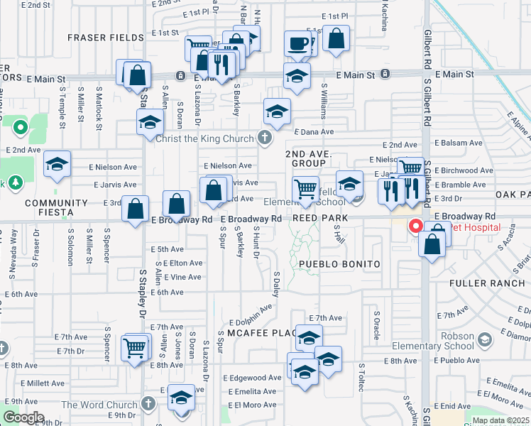 map of restaurants, bars, coffee shops, grocery stores, and more near 1534 East Broadway Road in Mesa