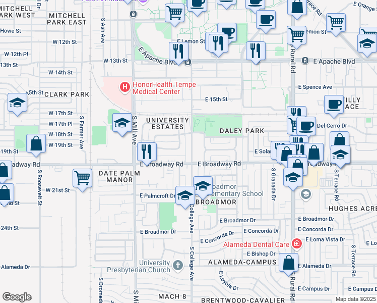 map of restaurants, bars, coffee shops, grocery stores, and more near 1735 South College Avenue in Tempe