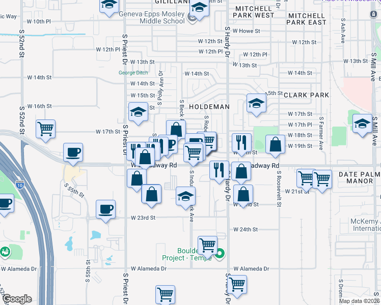 map of restaurants, bars, coffee shops, grocery stores, and more near 1040 West Broadway Road in Tempe