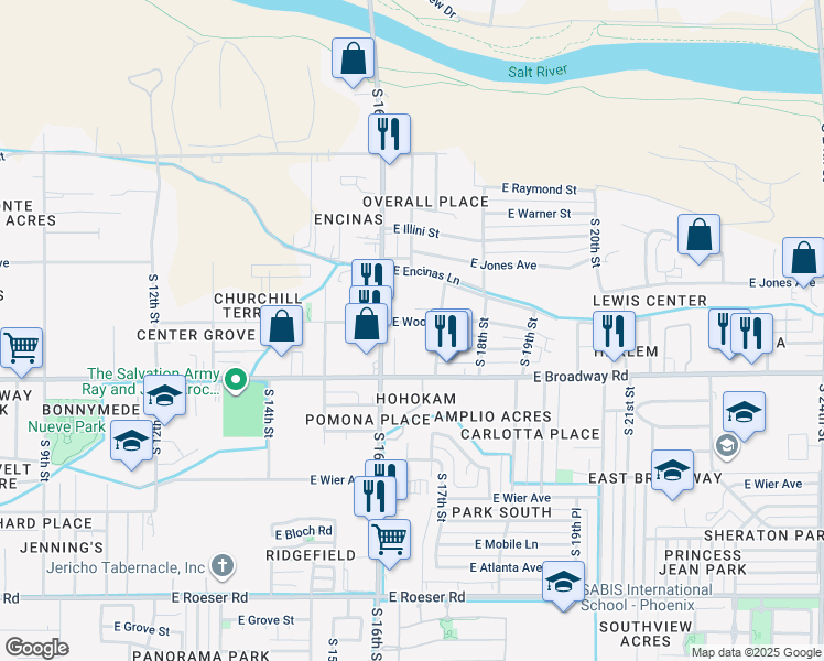 map of restaurants, bars, coffee shops, grocery stores, and more near 1627 East Wood Street in Phoenix