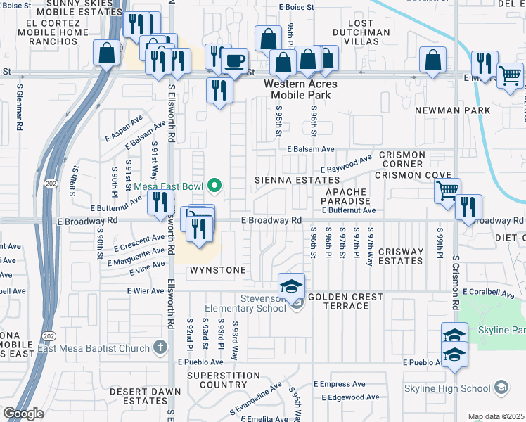 map of restaurants, bars, coffee shops, grocery stores, and more near 9422 East Broadway Road in Mesa