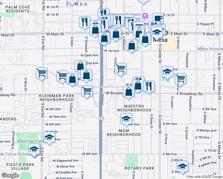 map of restaurants, bars, coffee shops, grocery stores, and more near 254 West Broadway Road in Mesa