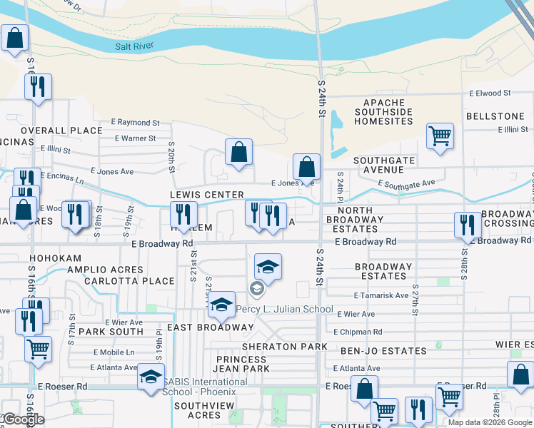 map of restaurants, bars, coffee shops, grocery stores, and more near 2225 East Wood Street in Phoenix