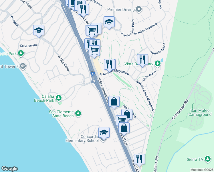 map of restaurants, bars, coffee shops, grocery stores, and more near 2613 Calle Del Comercio in San Clemente
