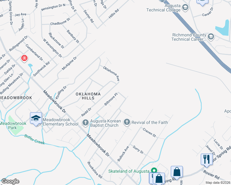 map of restaurants, bars, coffee shops, grocery stores, and more near 3508 Biltmore Place in Augusta