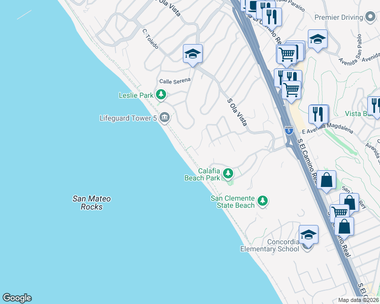 map of restaurants, bars, coffee shops, grocery stores, and more near 2314 Plaza a La Playa in San Clemente