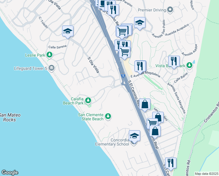 map of restaurants, bars, coffee shops, grocery stores, and more near 203 Avenida Montalvo in San Clemente