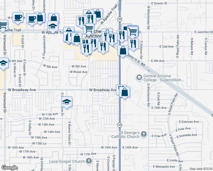 map of restaurants, bars, coffee shops, grocery stores, and more near 401 4th Avenue in Apache Junction
