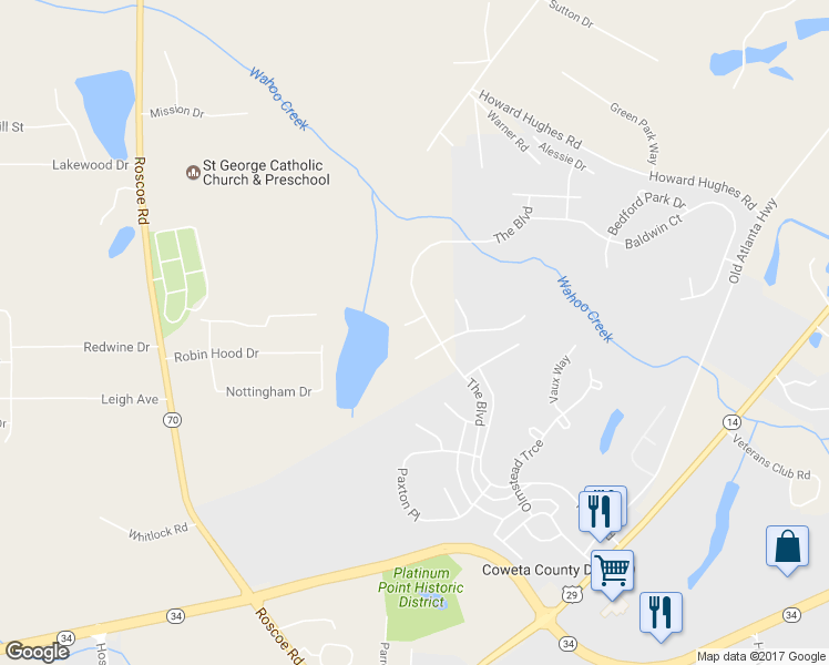 map of restaurants, bars, coffee shops, grocery stores, and more near 354 The Boulevard in Newnan