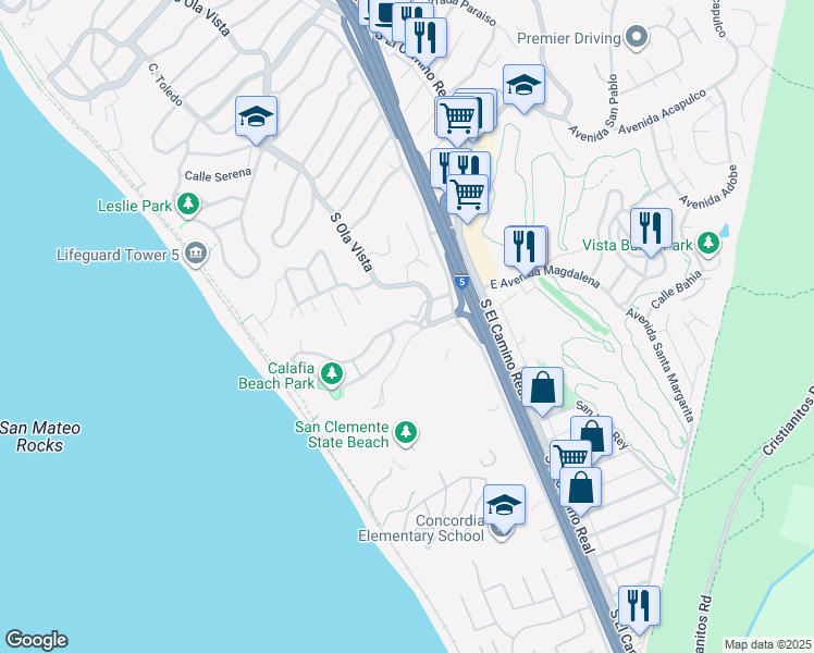 map of restaurants, bars, coffee shops, grocery stores, and more near 203 Avenida Montalvo in San Clemente