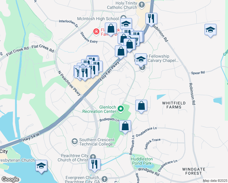 map of restaurants, bars, coffee shops, grocery stores, and more near 122 Grenoble Road in Peachtree City