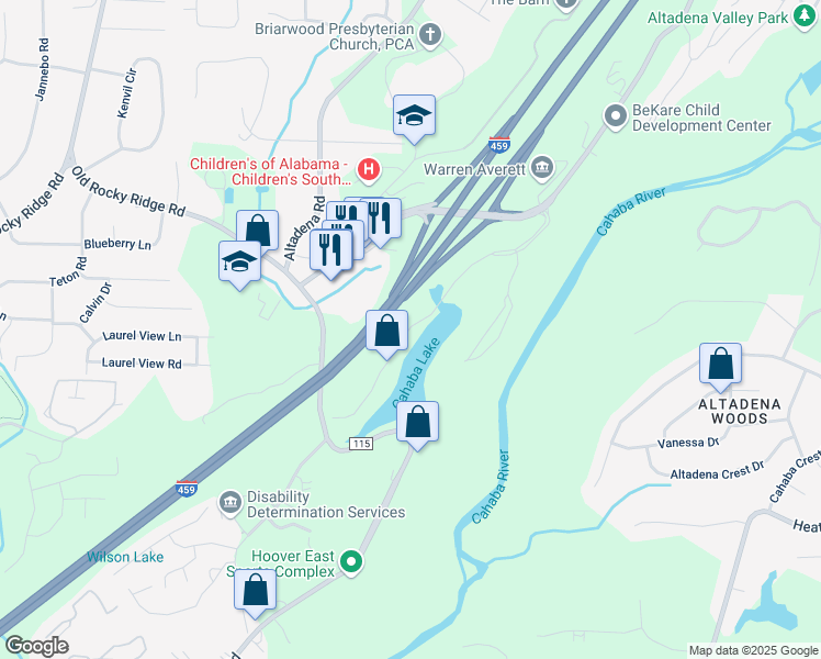 map of restaurants, bars, coffee shops, grocery stores, and more near 2025 International Park Drive in Birmingham