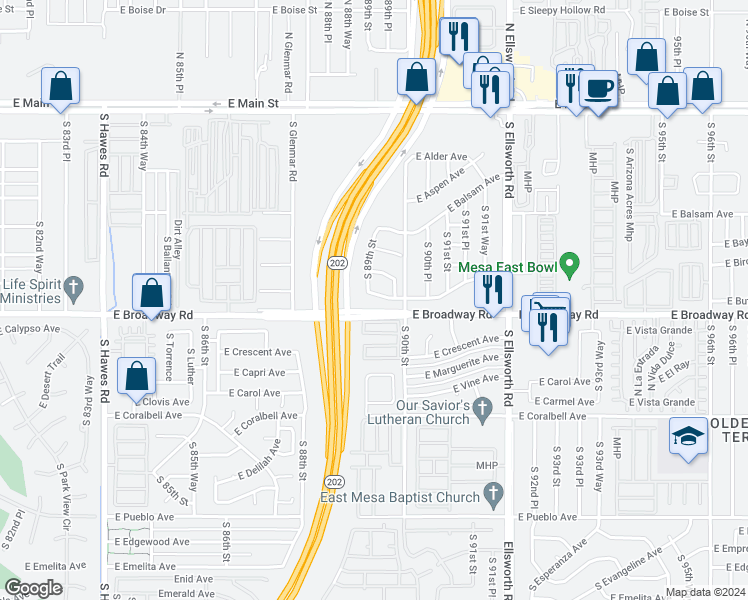 map of restaurants, bars, coffee shops, grocery stores, and more near 8921 East Butternut Avenue in Mesa