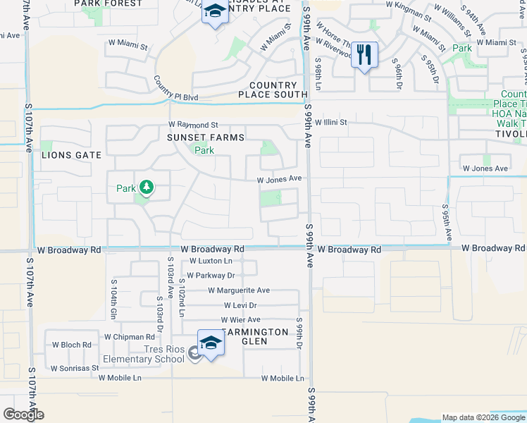 map of restaurants, bars, coffee shops, grocery stores, and more near 10028 West Wood Street in Tolleson