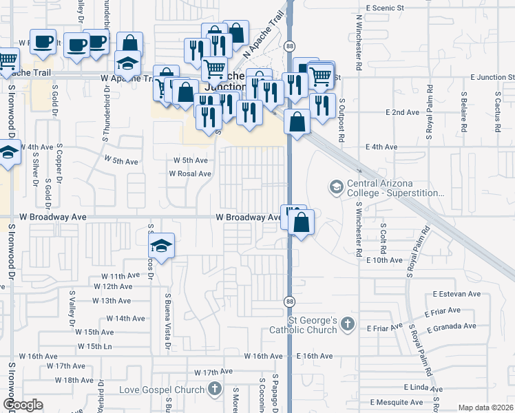 map of restaurants, bars, coffee shops, grocery stores, and more near 401 4th Avenue in Apache Junction