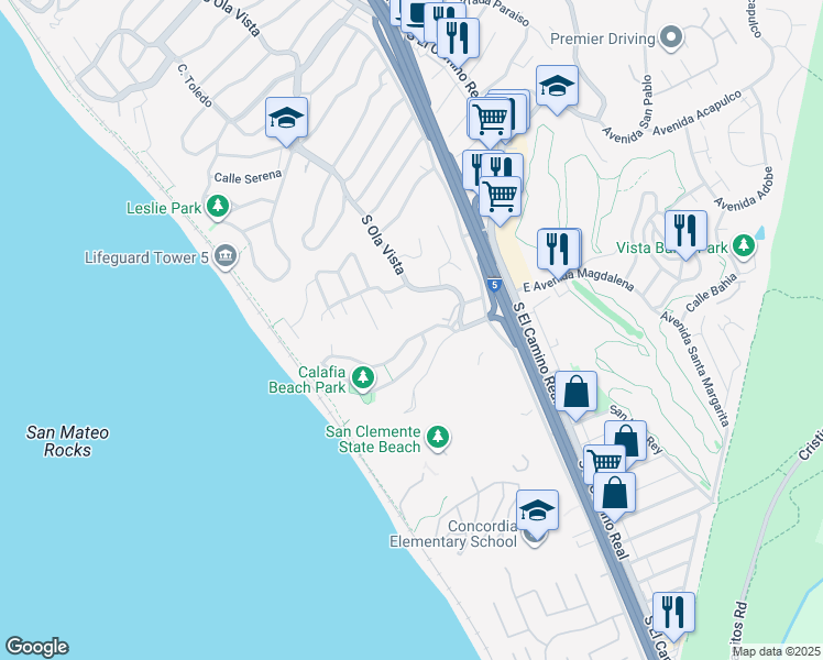 map of restaurants, bars, coffee shops, grocery stores, and more near 216 Avenida Montalvo in San Clemente