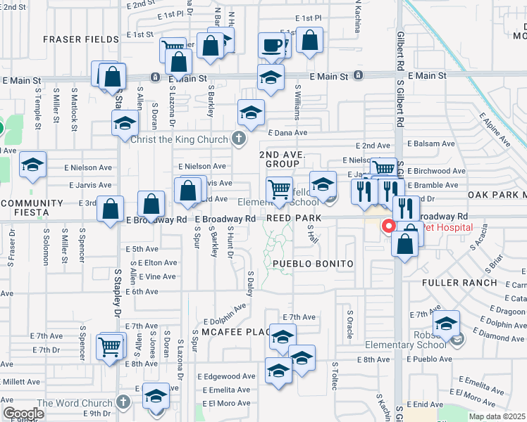 map of restaurants, bars, coffee shops, grocery stores, and more near 1616 East Broadway Road in Mesa