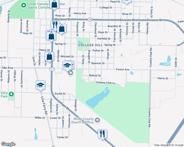 map of restaurants, bars, coffee shops, grocery stores, and more near 1912 Buford Street in Texarkana