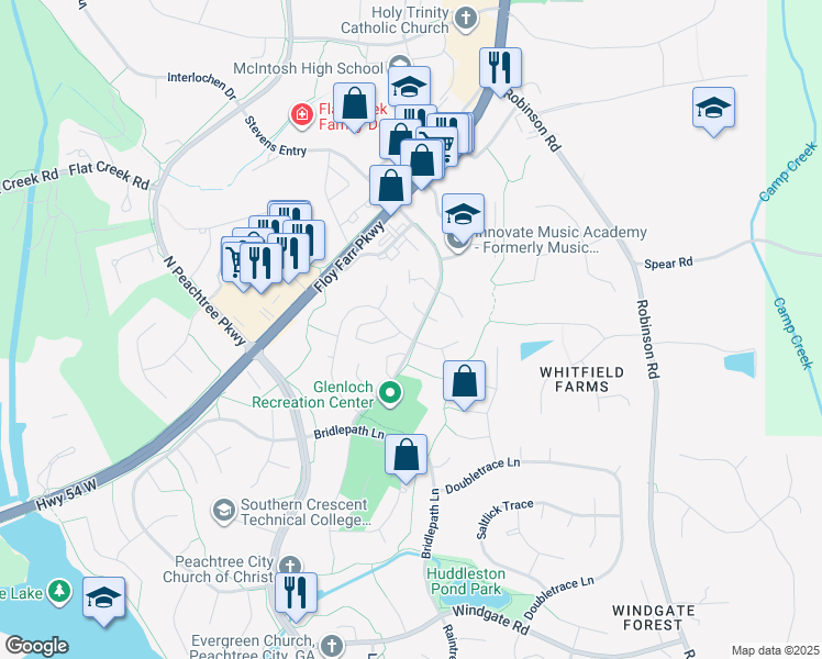 map of restaurants, bars, coffee shops, grocery stores, and more near 102 Morgans Turn in Peachtree City