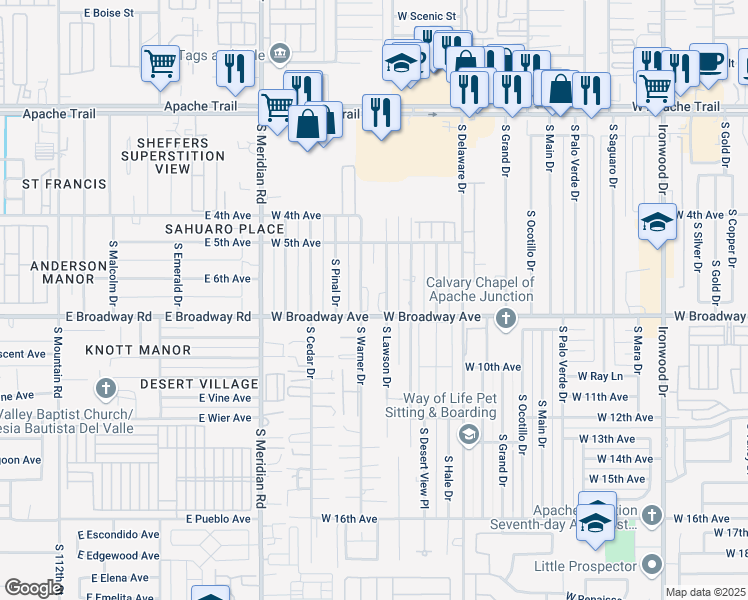map of restaurants, bars, coffee shops, grocery stores, and more near 811 West Broadway Avenue in Apache Junction