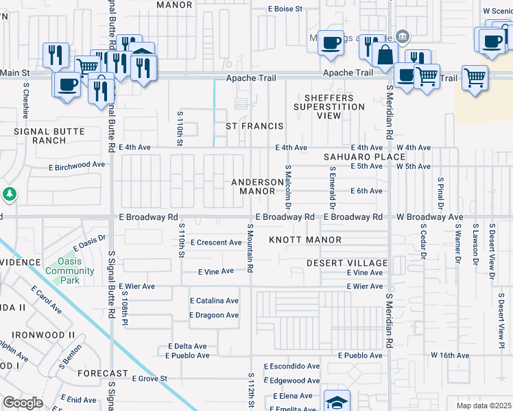 map of restaurants, bars, coffee shops, grocery stores, and more near 351 South Mountain Road in Apache Junction