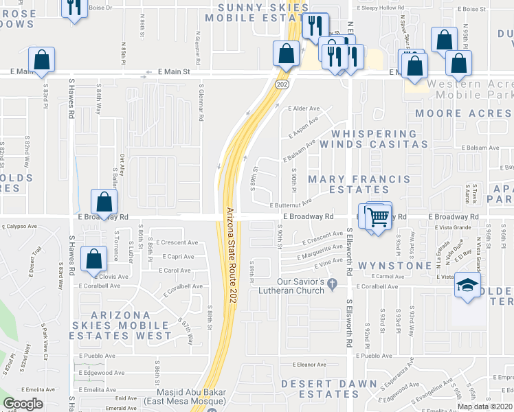 map of restaurants, bars, coffee shops, grocery stores, and more near 404 South 89th Place in Mesa