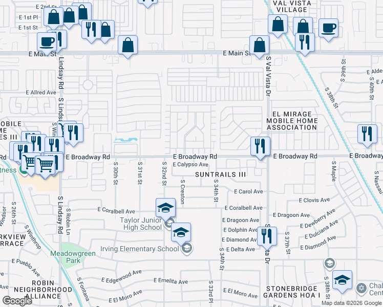 map of restaurants, bars, coffee shops, grocery stores, and more near 3256 East Calypso Avenue in Mesa