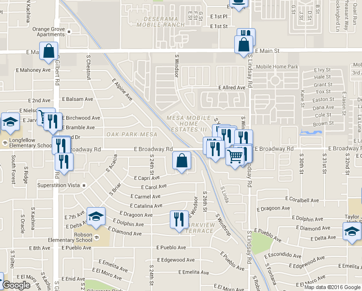 map of restaurants, bars, coffee shops, grocery stores, and more near 2502 East Broadway Road in Mesa